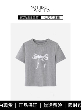 【现货】NOTHING WRITTEN少女感蝴蝶结花灰色T恤圆领短袖印花上衣