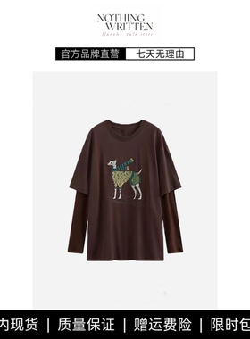 【现货】NOTHING WRITTEN假两件圆领刺绣T恤女宽松长袖动物上衣女