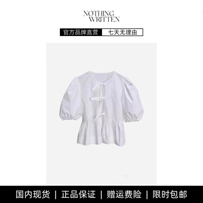【现货】NOTHING WRITTEN法式小众甜美系带领结泡泡袖收腰女衬衫