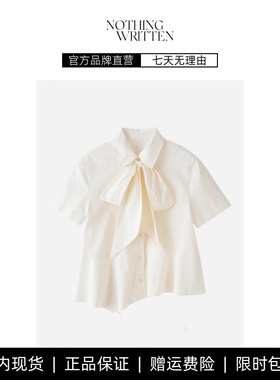 【现货】NOTHING WRITTEN新款短款不对称短袖衬衫白色系带女衬衣