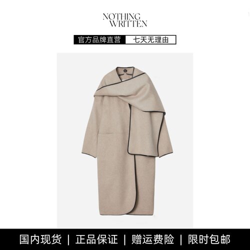 【现货】NOTHING WRITTEN大衣女羊毛混纺可拆卸围巾风衣毛呢外套