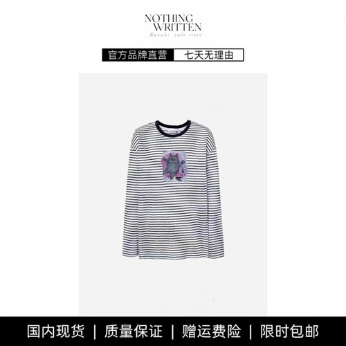 【现货】NOTHING WRITTEN黑白条纹猫咪撞色长袖T恤女减龄宽松上衣