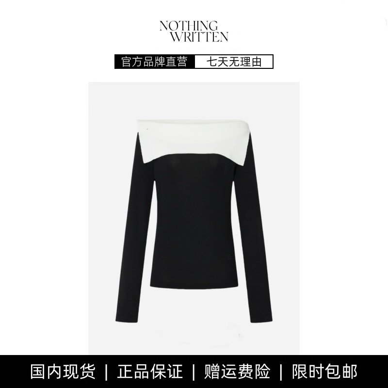 【现货】NOTHING WRITTEN春新款撞色一字肩针织衫女 长袖毛衣上衣,女装/女士精品,大码内搭,淘宝优惠券,粉丝福利购,淘宝优惠卷