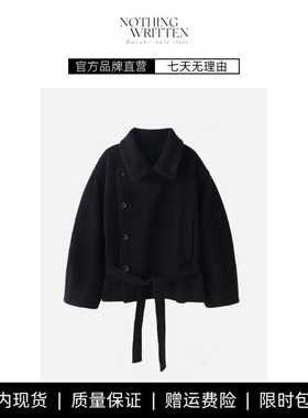 【现货】NOTHING WRITTEN老钱风翻领毛呢大衣系短款外套收腰上衣