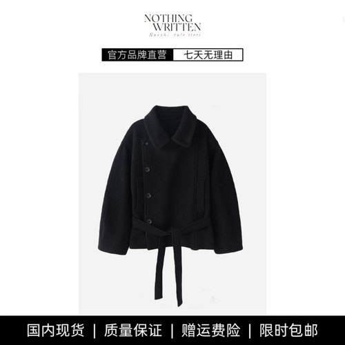 【现货】NOTHING WRITTEN老钱风翻领毛呢大衣系短款外套收腰上衣