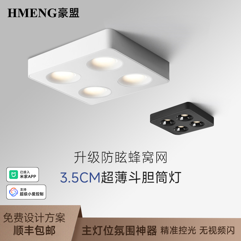 超薄明装筒灯四头免吊顶客厅卧室无主灯全光谱防眩吸顶斗胆灯射灯