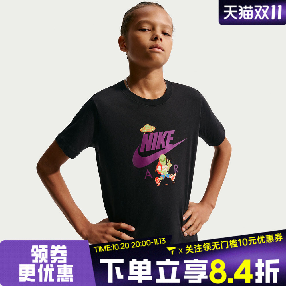 NIKE耐克大童夏季新款图案印花运动休闲圆领短袖T恤IO1987-010