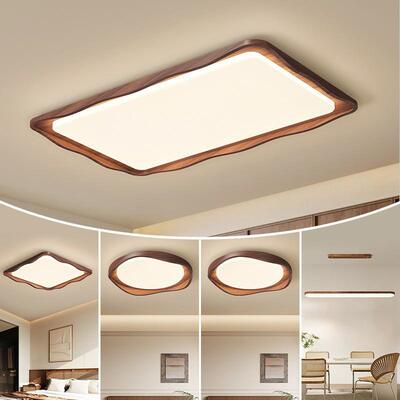 2025新款波浪客厅吸顶灯法式复古胡桃木色全光谱护眼高端卧室灯