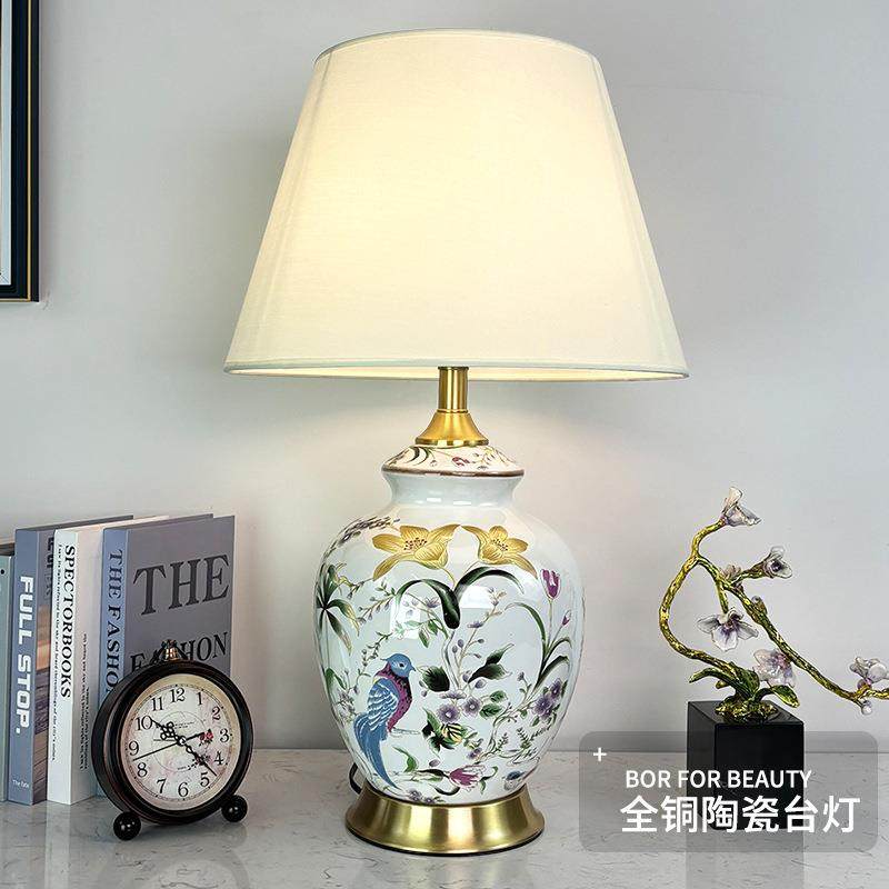 美式乡村陶瓷台灯欧式花鸟客厅卧室书房酒店别墅复古全铜座大号