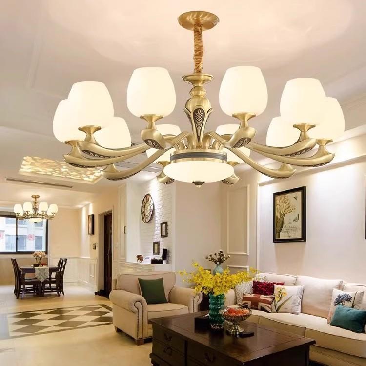 欧式吊灯全铜复古客厅大气别墅酒店美式餐厅卧室灯仿云石中山灯具