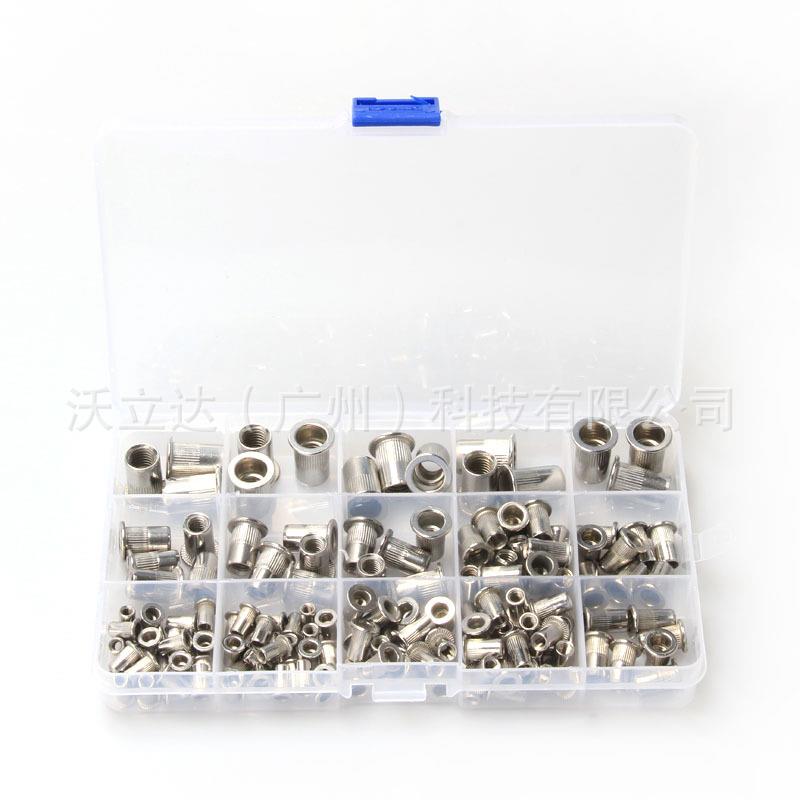 跨境货源 150pcs平头铆螺母盒装 不锈钢沉头铆螺母M3-M8组合套装