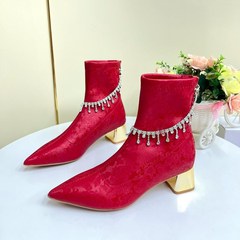 国风婚鞋新娘鞋女冬季2024新款高跟短靴禾秀婚纱T两穿粗跟红色靴