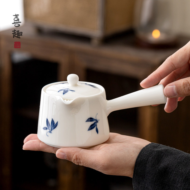 喜趣手绘蝴蝶兰花侧把陶瓷茶壶单个泡茶壶中式功夫茶具家用小瓷壶