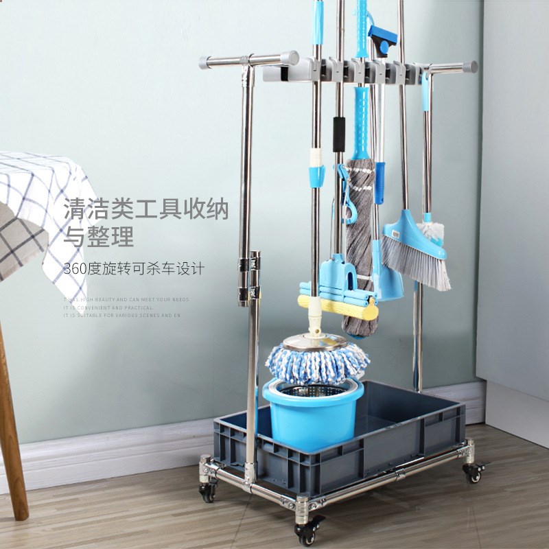 落地式304不锈钢可移动拖把架 金属收纳墩布架子 10挂12钩
