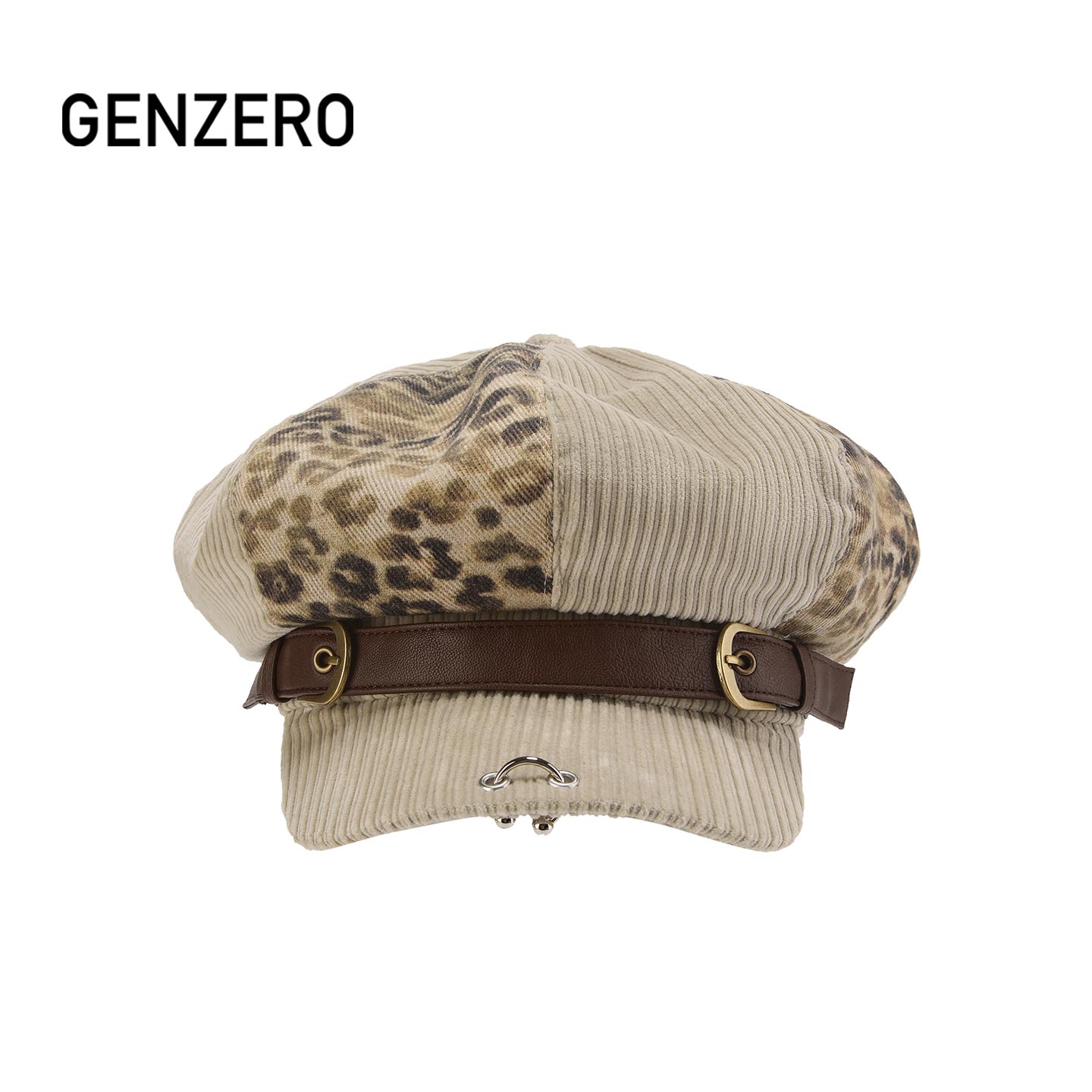 GENZERO灯芯绒豹纹拼接贝雷帽