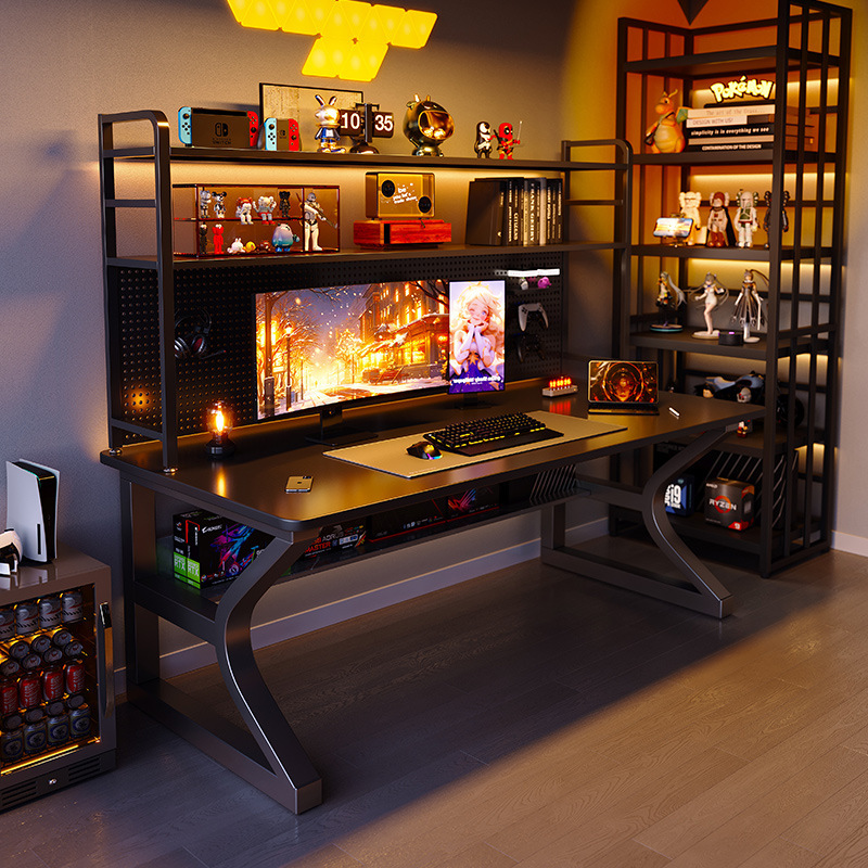 台式电脑桌卧室家用书桌书架一体桌子办公桌洞洞板电竞桌椅套装