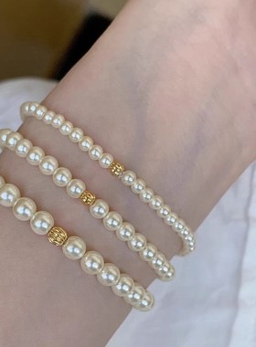 法式正圆珍珠手链金m豆豆手串叠戴小众高级轻奢手链女串珠百搭新