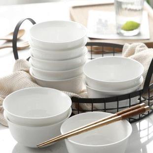 多美然 10个米饭碗 纯白色骨瓷小碗陶瓷吃饭家用个性 简约餐具套装