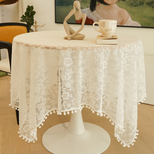 法式 田园球球花边蕾丝餐桌桌布圆桌网红公主复古白色生日布置盖布