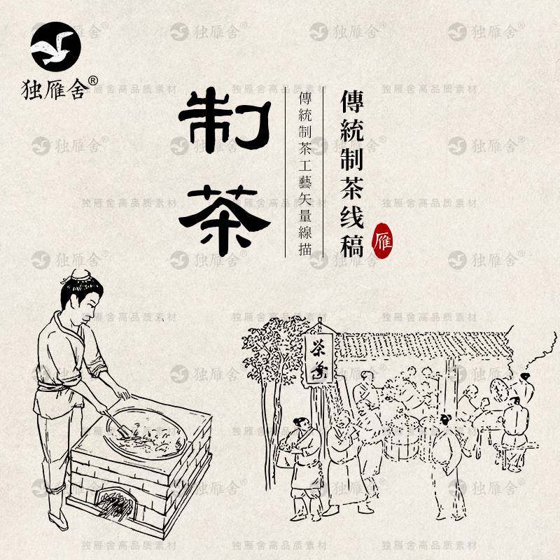 古代传统制作茶叶炒茶制茶工艺手绘线描插画线稿图AI矢量素材PNG