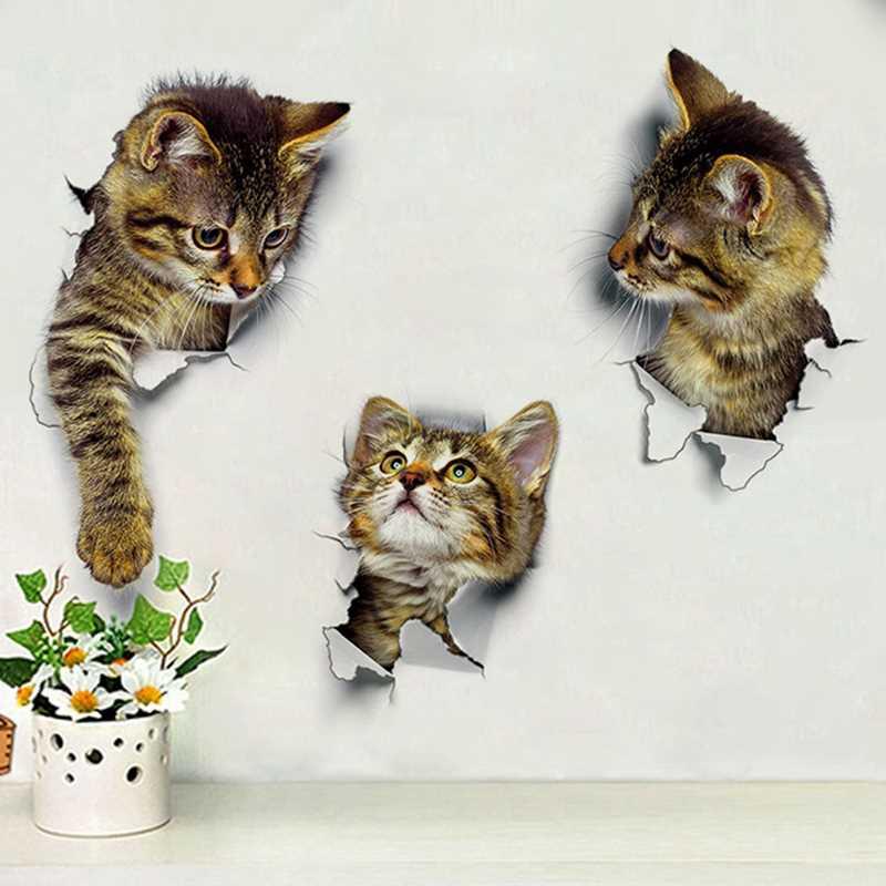 3D立体效果墙贴可爱猫咪贴画创意卡通马桶贴纸儿童房卧室衣柜装饰图片
