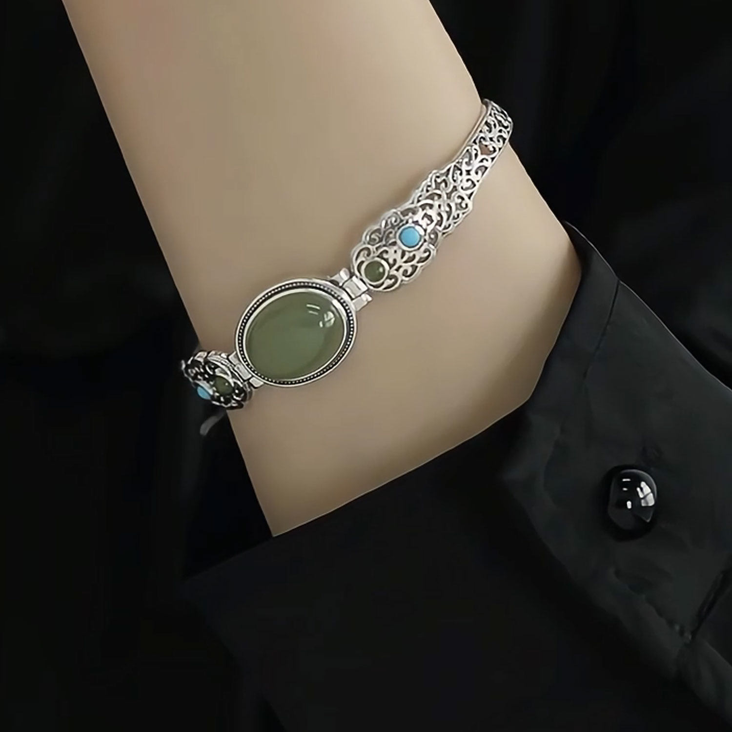 复古做旧925银椭圆镂空花纹手镯女新中式国风气质百搭手环文艺女