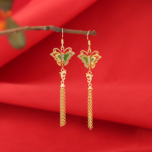 新中式925银古风天然碧玉蝴蝶耳环旗袍轻奢流苏宫廷风女长款耳饰