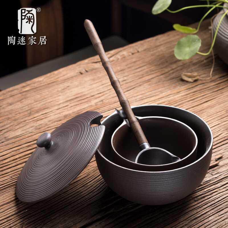 陶迷手工柴烧碗勺分茶勺黑檀木拼接手柄中式电陶炉煮茶器功夫套装