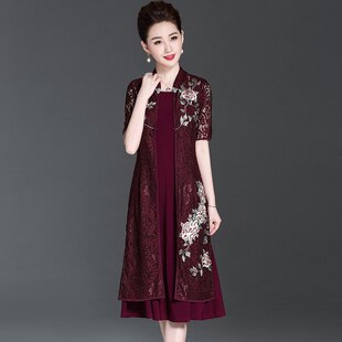 2026年春款新款中老年婚宴礼服中长款刺绣连衣裙妈妈短袖两件套装