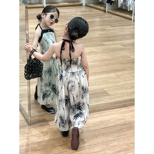 中国风女童夏套装中式古风竹子水墨画挂脖吊带肚兜+阔腿裤两件套