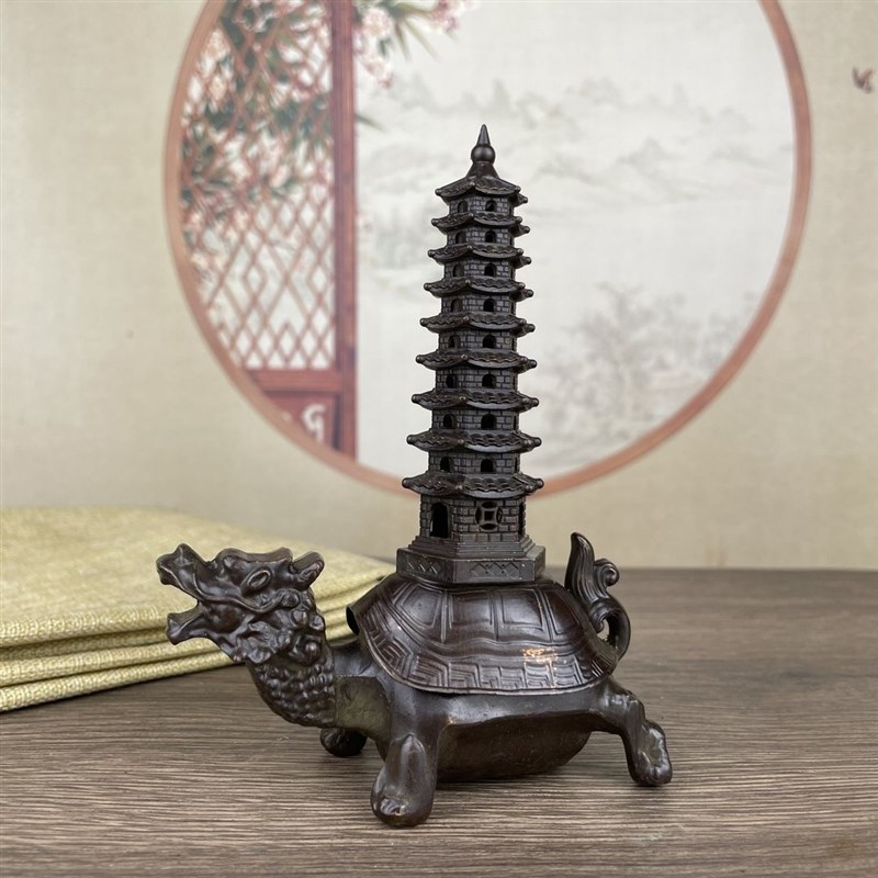 仿古龙龟托塔龙龟背塔熏炉九层文昌塔香炉铜器家居办公室工艺摆件
