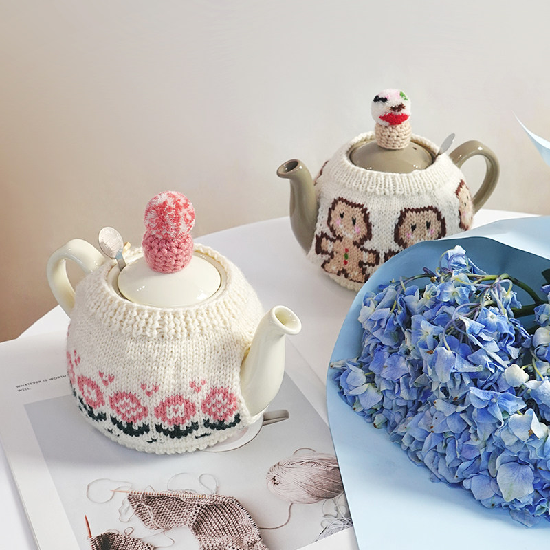 LondonPottery纯羊毛手工钩织粉色小花壶衣日系保温壶套防烫隔热