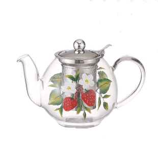 TaeFair 手绘草莓英式高硼硅玻璃蒸煮一体耐热不锈钢滤网花茶壶