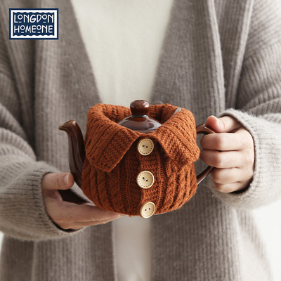 London Pottery棕色茶壶套翻领针织高级感隔热套防烫毛衣套子壶套