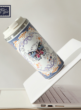 蓝色蝴蝶便携杯吸盘底侧推不倒杯陶瓷镀层304咖啡杯高质感单饮杯