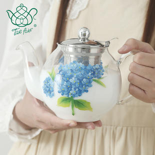 绣球花英式 TaeFair 手绘高硼硅玻璃蒸煮一体大容量加厚耐热花茶壶