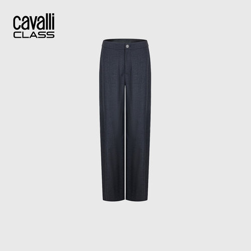 Cavalli Class卡沃利高端女装拼接撞色休闲裤100绵羊毛直筒裤西裤