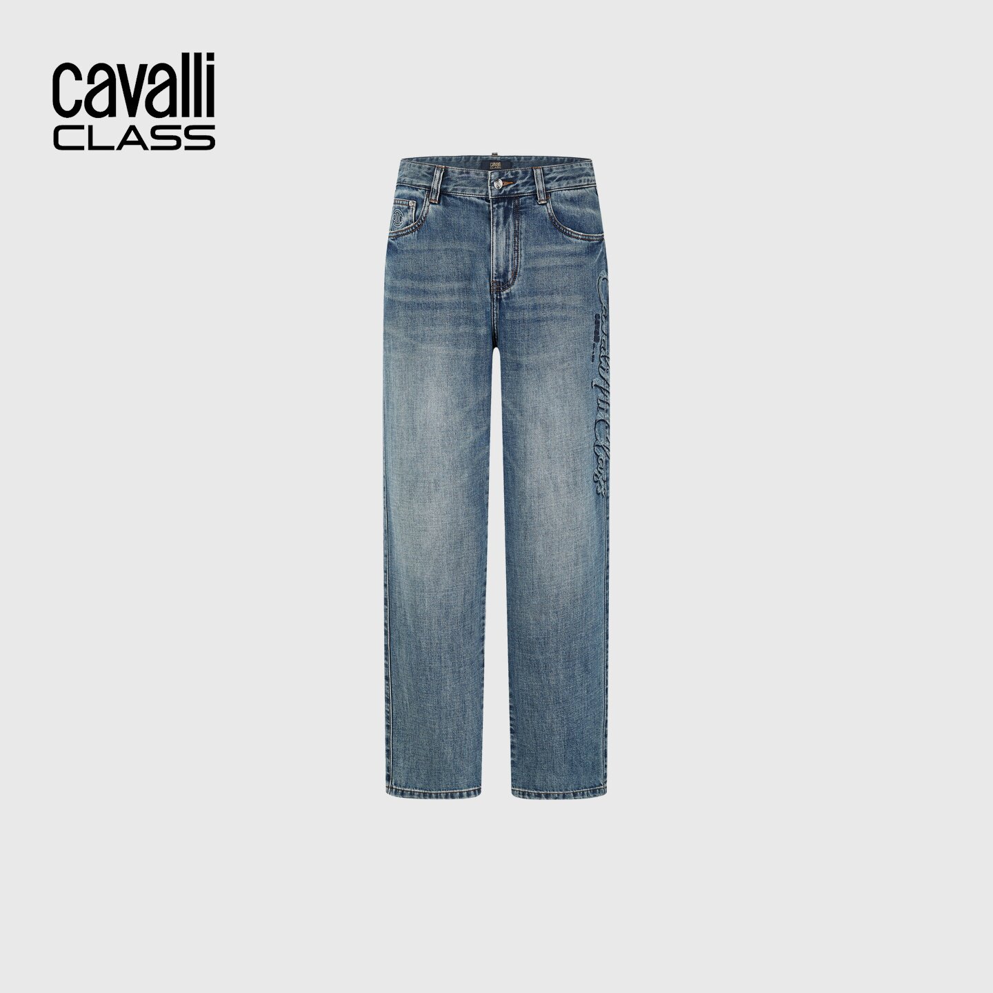 Cavalli Class卡沃利高端男装纯棉刺绣直筒裤春秋休闲潮流牛仔裤