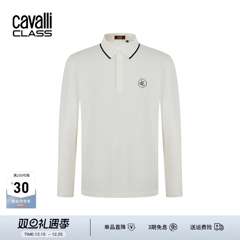 Cavalli Class卡沃利春秋新款印花长袖polo衫男高级感品质翻领T恤
