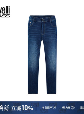 Cavalli Class卡沃利蓝色直筒水洗牛仔裤男春秋新款微弹休闲长裤