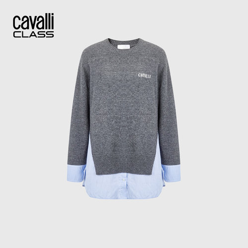 Cavalli Class卡沃利高端女装假两件拼接撞色毛衣秋冬羊毛针织衫
