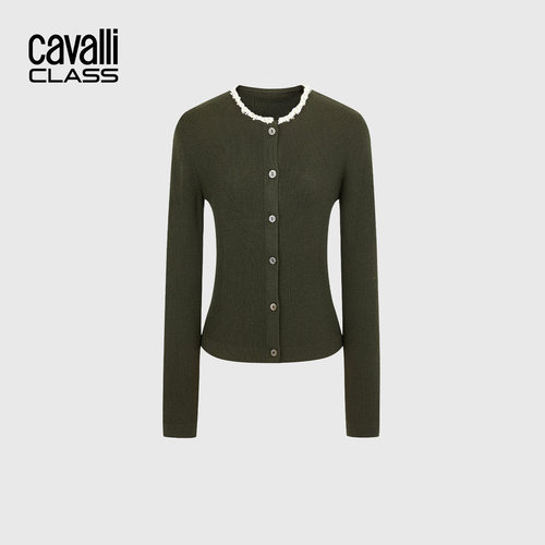 Cavalli Class卡沃利高端女装钉珠边带绵羊毛针织衫修身开衫毛衣