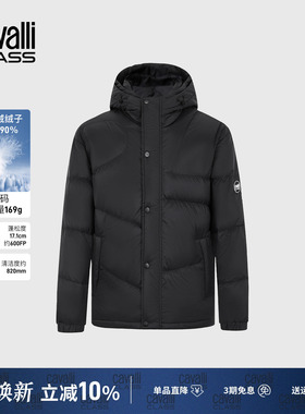 Cavalli Class卡沃利男装秋冬新款肩章绣休闲纯色连帽羽绒服外套