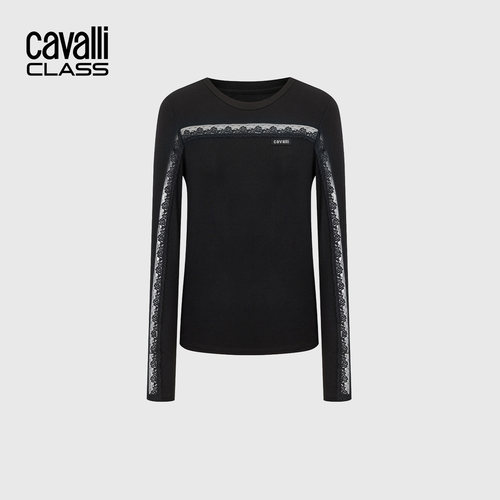 Cavalli Class卡沃利高端女装蕾丝拼接长袖T恤26春秋打底长袖上衣