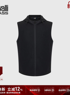 Cavalli Class卡沃利男装秋冬新款修身休闲黑色时尚连帽背心马甲
