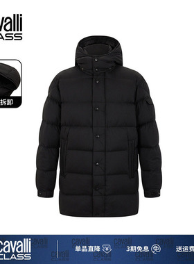 Cavalli Class卡沃利超厚90绒连帽羽绒服男中长款保暖抗寒外套