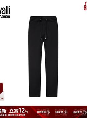 Cavalli Class卡沃利男装秋冬新款刺绣抽绳纯棉黑色直筒休闲裤