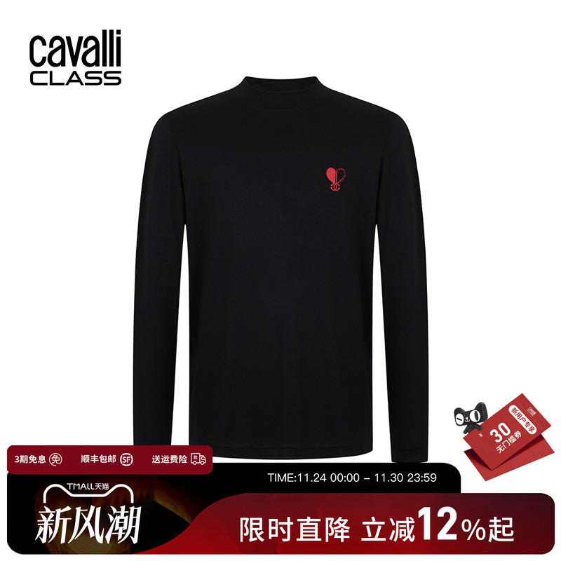 卡沃利休闲刺绣半高领长袖T恤