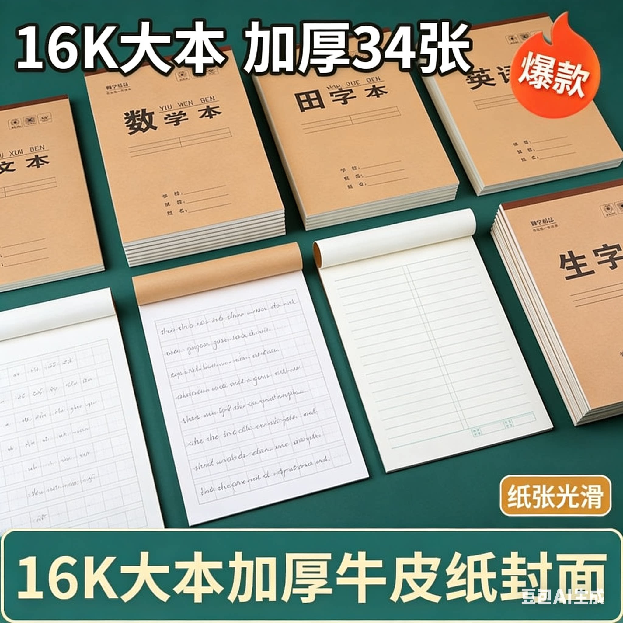 16K34张硬外皮大本特厚纸张米黄护眼语文英语数学生字作业本子