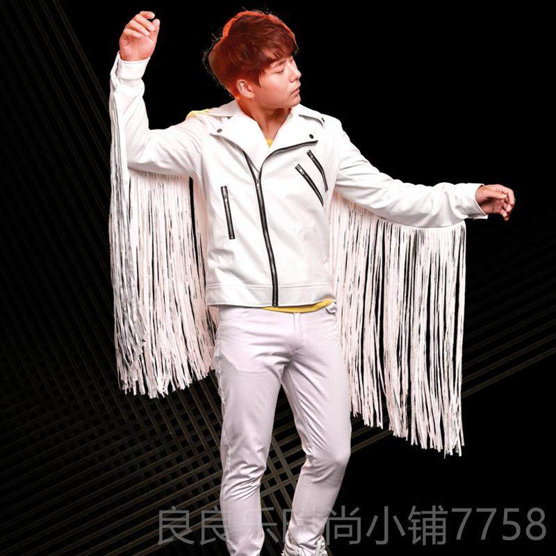 新款潮男歌手夜店苏吧鼓架子DJ演出服装个性流pu皮衣酒裤套装流苏